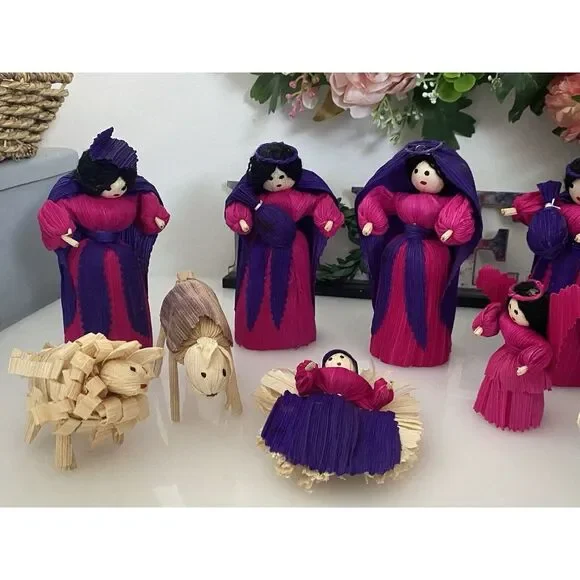 10 Piece Handmade Vtg Christmas Nativity Set Corn Husk 5" Dolls Roatan Honduras - Picture 12 of 16